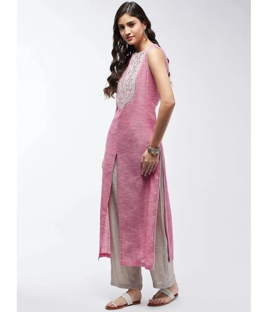 Pannkh Cotton Blend Embroidered Straight Womens Kurti - Pink ( Pack of 1 ) - None