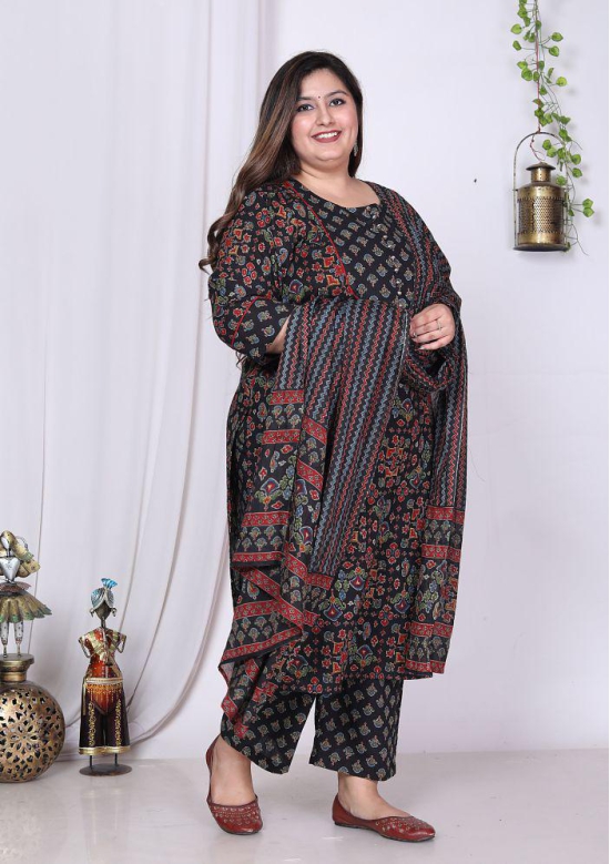 Swasti Cotton Printed Kurti With Palazzo Womens Stitched Salwar Suit - Black ( Pack of 1 ) - None