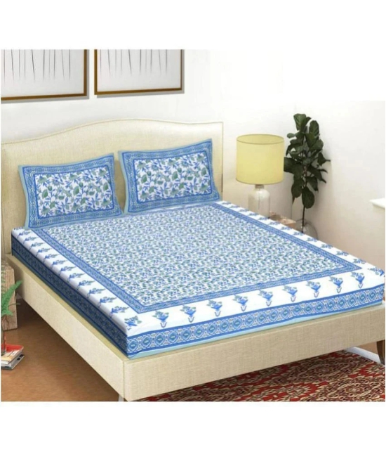 Frionkandy Cotton Floral Printed Double Bedsheet with 2 Pillow Covers - Blue - Blue