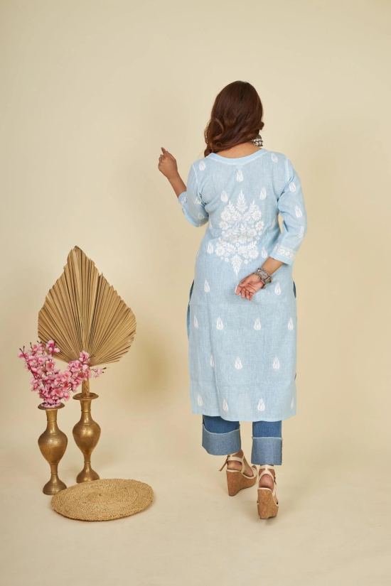 Cotton Chikankari Linen kurti- Blue-Blue / XXL