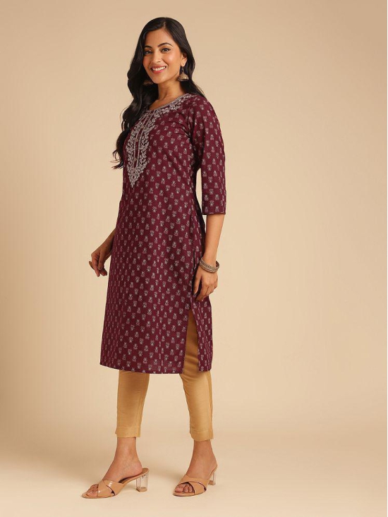 Rangita Women Cotton Maroon Embroidered Calf Length Straight Kurti - None