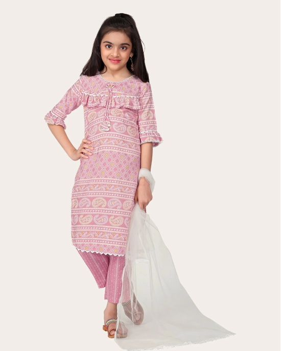 Kid Girls Designer Cotton Printed Top Bottom With Dupatta Pink-Pink / 9 - 10 Years