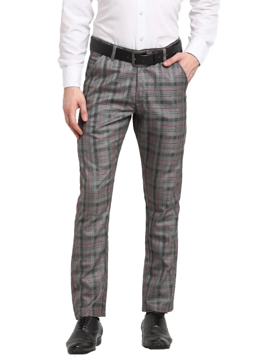 Indian Needle Men's Grey Cotton Checked Formal Trousers-32 / Grey