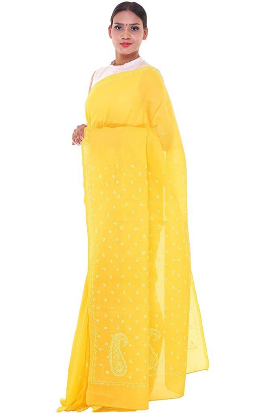 Lavangi Women Lucknow Chikankari Keel Work Yellow Cotton Saree With Blouse