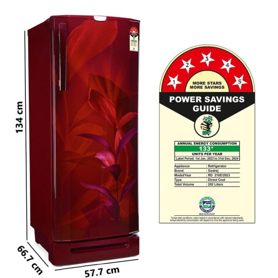 Godrej 202 L 5 Star Advanced Inverter, Jumbo Vegetable Tray Direct Cool Single Door Refrigerator With Base Drawer (RD 210E TDI MN WN, Marine Wine)