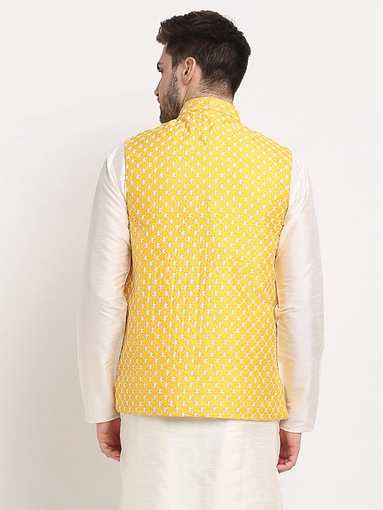 Jompers Mens Mustard Mustard and White Embroidered Nehru Jacket-S / Mustard