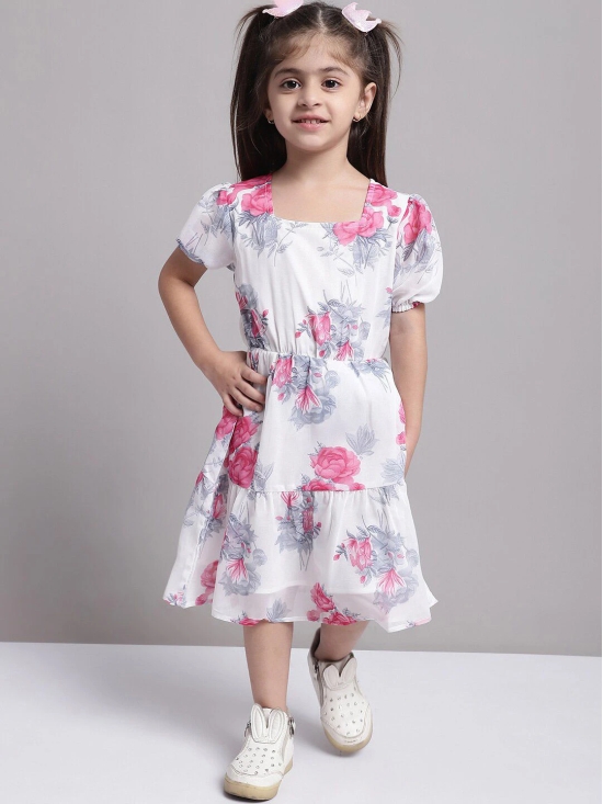 MINI & MING Girls Floral Printed Puff Sleeve Georgette A-Line Midi Dress