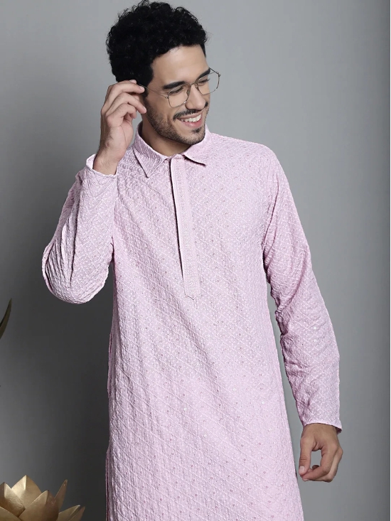 Men's Chikankari Embroidered and Sequence Kurta Only-XXL / Pink