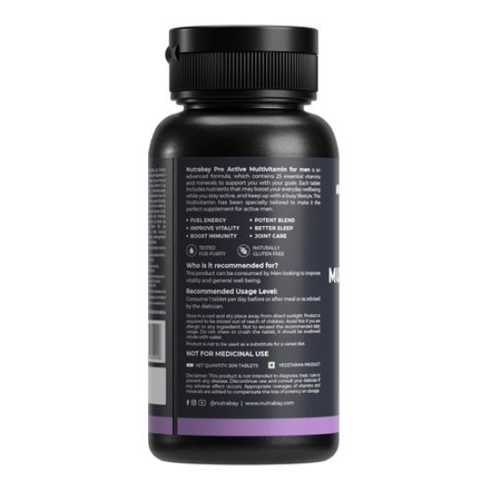 Nutrabay Pro Active Multivitamin for Men - 30 Tablets | 25 Vital Vitamins & Minerals with Zinc, Vitamin C, Vitamin D, Vitamin B12, and Multiminerals | Enhances Energy, Stamina & Immunity