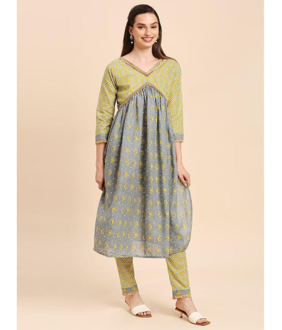 gufrina Cotton Printed Kurti With Pants Women's Stitched Salwar Suit - Light Grey ( Pack of 1 ) - None