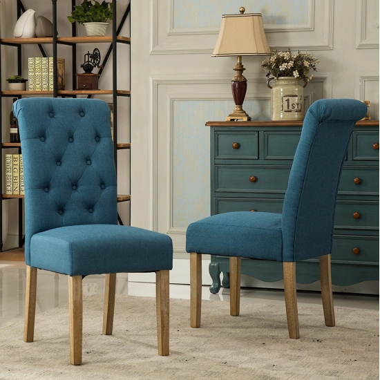 Wooden Twist Button Tufted Parsons Teak Wood Dining Chair (Set of 2)-Blue