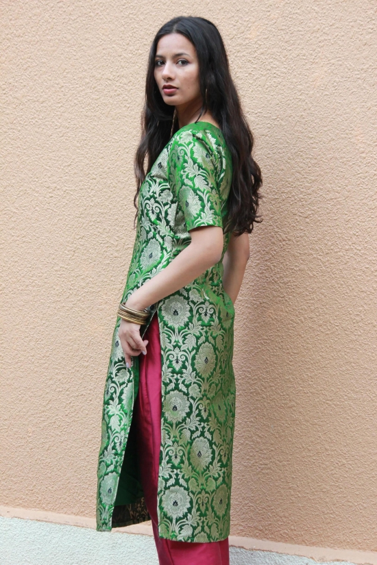 Green Brocade Kurta And Pants-XS / Kurta