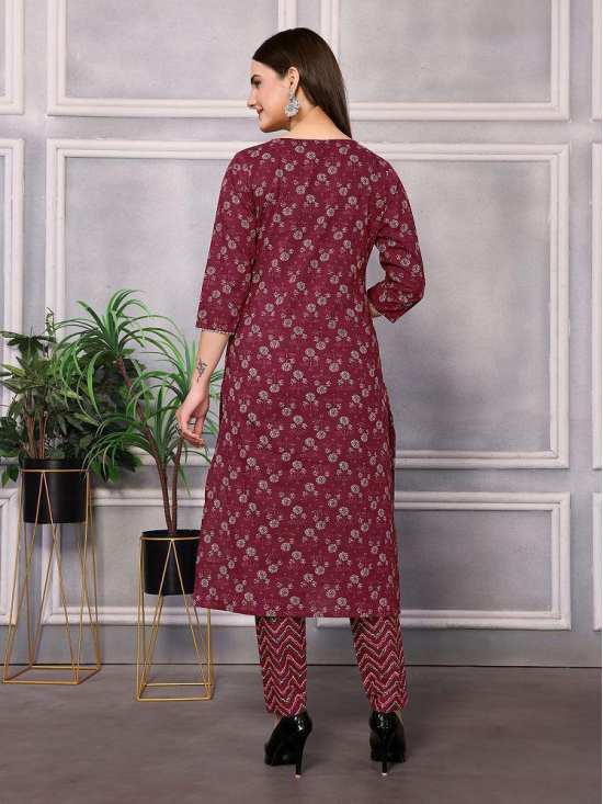 Rangita Women Cotton Maroon Floral Printed Calf Length Straight Kurti With Pants - None