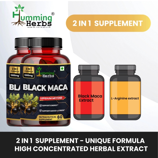 Humming Herbs Black Maca Root Extract 1300mg - Boosts Energy & Stamina, Supports Mood & Hormonal Balance - Mens & Womens Health Supplement - Pack of 2