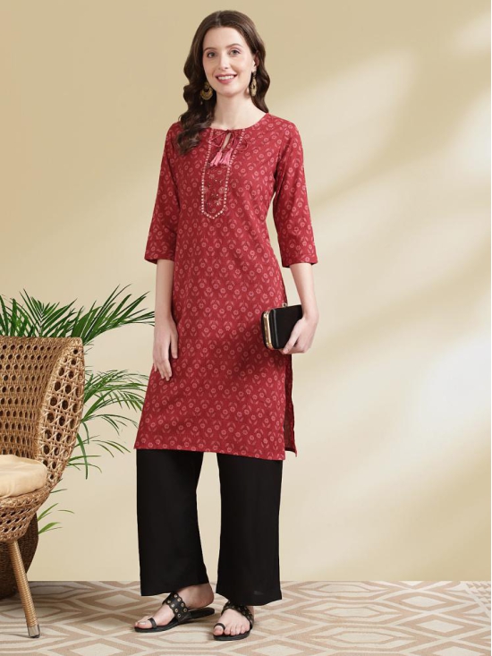 Rangita Women Cotton Red Embroidered Knee Length Straight Kurti - None