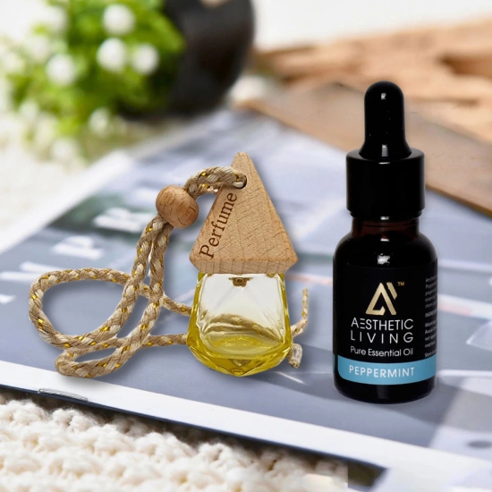 Aesthetic Living Car Aromatizer Diffuser Bottle with Essential Oil (Crystal Colored Transparent Combo- 8 ml + Peppermint Essential Oil, 15 ml)