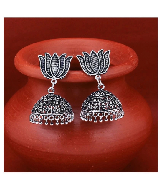 Sukkhi Pleasing Oxidised Lotus Jhumki Earring for Women - Silver