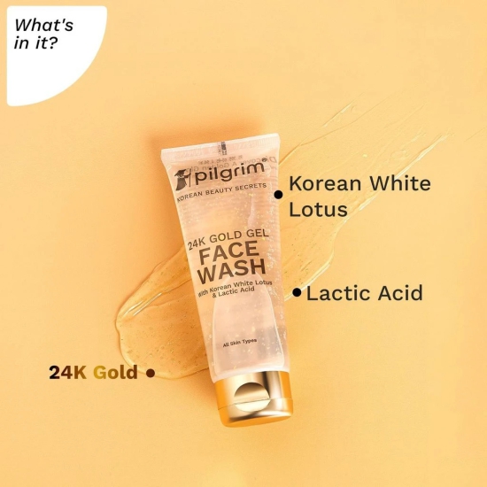 Pilgrim 24k Gold Gel Facewash with Korean White Lotus & Lactic Acid 80ml | Face wash for glowing skin | Reduce dark spot and improves skin texture | Removes dullness | For All Skin Types