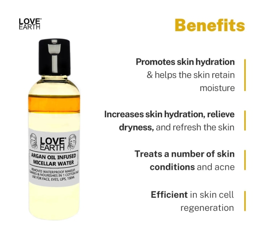 Love Earth Argan Oil-Infused Micellar Water Makeup & Pollutant Remover With Argan Oil & Micellar Water For All Skin Types 100ml