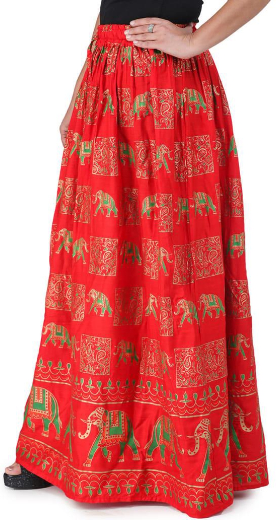 Flame-Scarlet Digitally Printed Casual Skirt with Motifs of Elephants And Flowers From Pilkhuwa