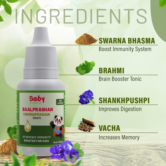 BabyOrgano Best Brain Booster Combo For Kids | Swarnaprashan Drops (15ml) + Ayurvedic Brain Booster Shankhpushpi Syrup (200ml)