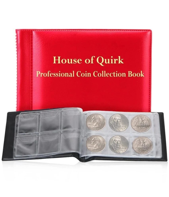 House of Quirk 60 Pockets Coin Holder Collection Coin Storage Album Book for Collectors, Money Penny Pocket (Mini Red)