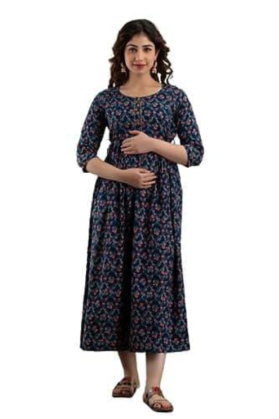 KASHVI Creation Women's Cotton Floral Printed Anarkali Maternity Feeding Kurti-Navy Blue