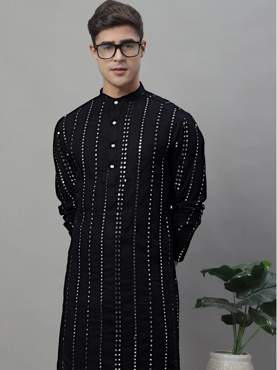 Men's Embroidered Mirror Work Kurta Payjama Sets-XXL / Black