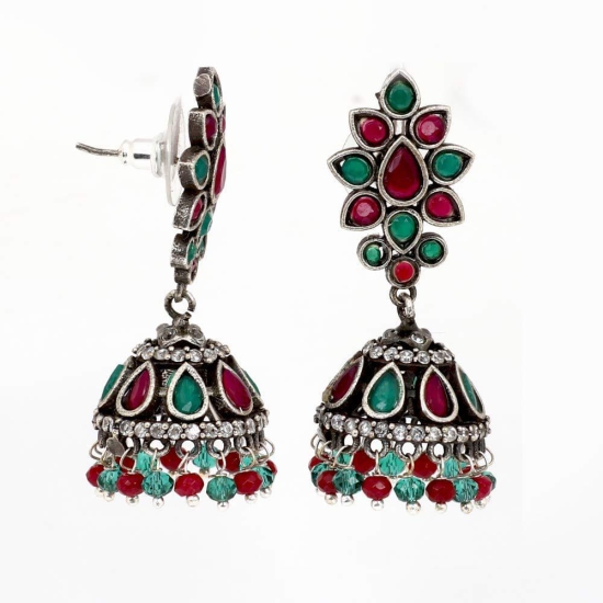 Abhaah antique Ruby Emerald american diamond (AD) German oxidised silver jadau pink and green kundan latest design stud jhumka (jhumki) earrings for woman and girls