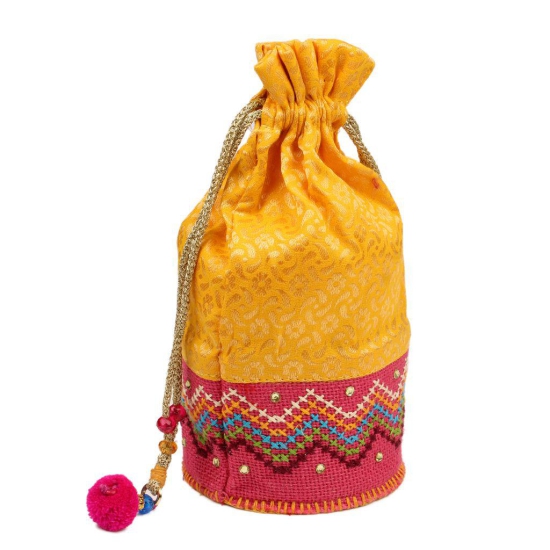 Tribes India Hand Embroidered Round Potli (Yellow)