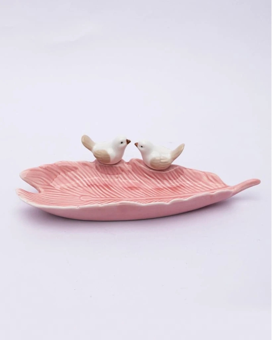 Jewellery Holder Tray, Crafted Bird, for Dressing Table, Ring Dash, Rectangular, Pink, Ceramic