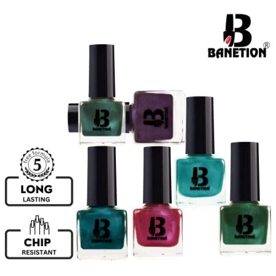 BANETION Nail Paint Combo Pack of 6 | Quick Dry Long Lasting Stay High Shine Glossy Finish with Easy Application Sea Green Red Polish for Girls and Women -9 Ml Each