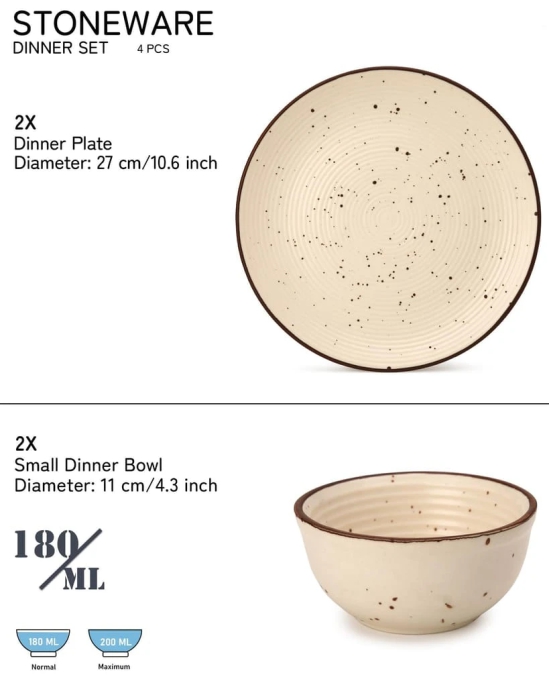 Bodhi House Handcrafted Stoneware Ceramic Dinner Set, Serving for 2, Microwave and Dishwasher Safe, Bone-ash Free, Crockery Set for Dining and Gifting, Pack of 4, Beige