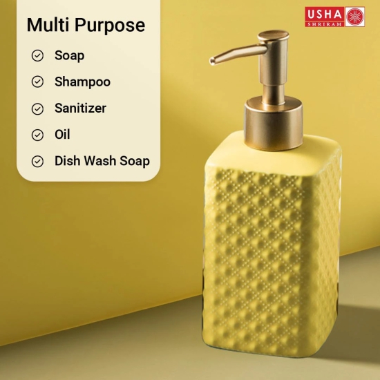 USHA SHRIRAM 350ml Ceramic Soap Dispenser Bottle, Yellow, Pack of 1-USHA SHRIRAM 350ml Ceramic Soap Dispenser Bottle, Yellow, Pack of 1.