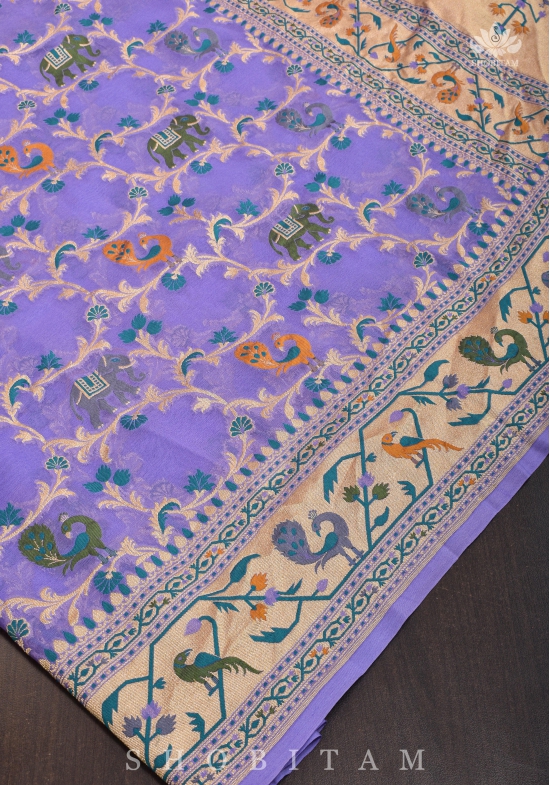 Paithani Design Four color Meenakari Shikkaargah Jaal on Pure Silk Georgette Lavender Saree | SILK MARK CERTIFIED