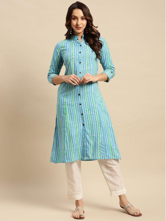 Rangita Women Rayon Blue Tonal Printed Calf Length Kalidar Kurti With Front Button Placket - None