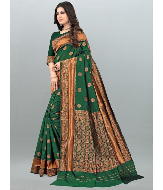 Om Shantam Sarees - Green Banarasi Silk Saree With Blouse Piece ( Pack of 1 ) - Green