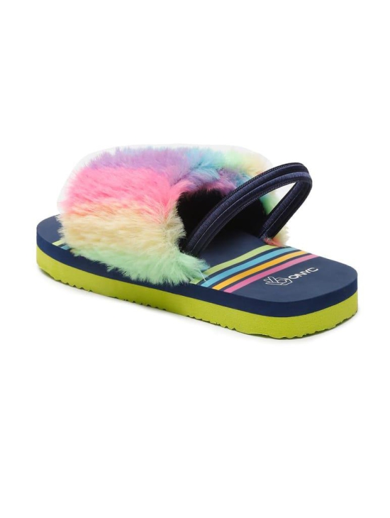 ONYC Kids Slippers - Rainbow Fur Sliders for Girls, Navy Blue