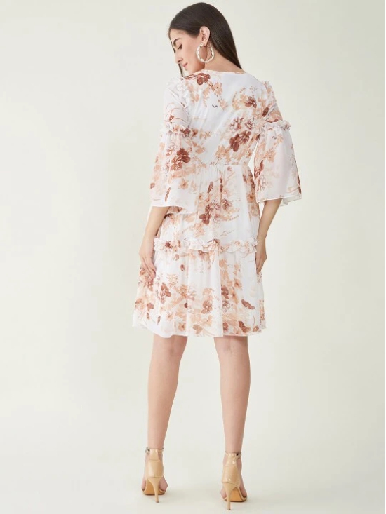 Floral Printed Bell Sleeves Ruffled Detail A-Line Dress