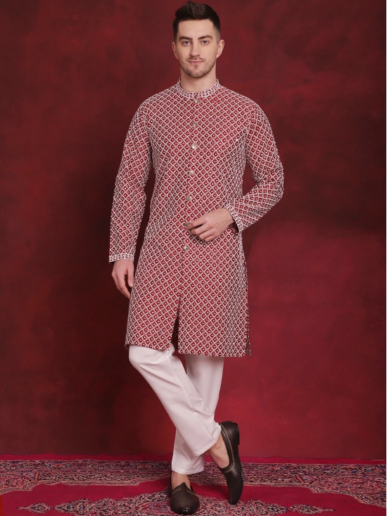 Men Sequin Chikankari Front Open Kurtas-L / Maroon