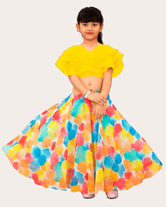 Girls Multicolour Georgette Silk Lehenga and Three Layered Frill Blouse Set Ethnic Wear Girls-Yellow / 4 Years-5 Years