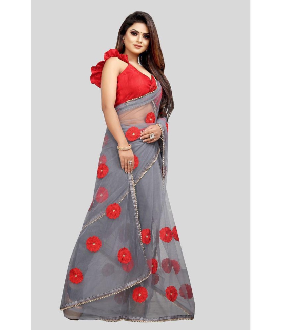 Gazal Fashions - Grey Net Saree With Blouse Piece ( Pack of 1 ) - Grey