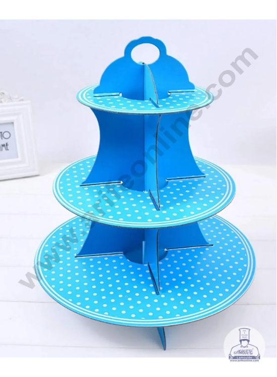 Cake Decor™ 3 Tier Small Polka Dots Printed Round Cardboard Cupcake Stand-SKY BLUE