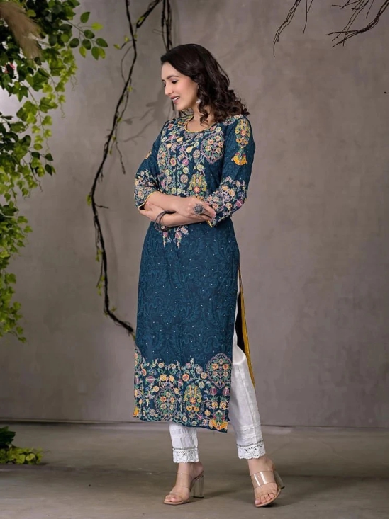 Juniper Rayon Embroidered Straight Womens Kurti - Navy Blue ( Pack of 1 ) - None