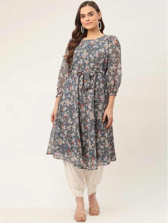 Women Grey & White Georgette Floral Printed Kurta-M / Grey