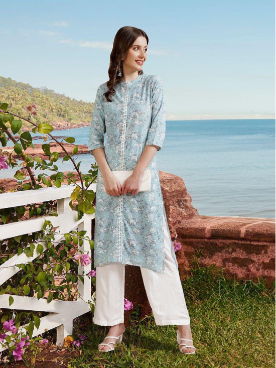 Rangita Women Rayon Light Blue Printed Calf Length A-line Kurti - None