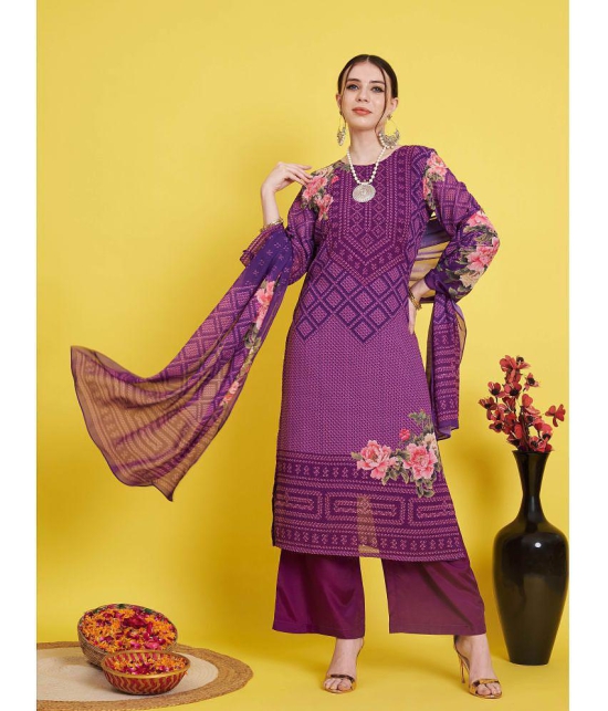 Vbuyz Georgette Printed Kurti With Palazzo Womens Stitched Salwar Suit - Purple ( Pack of 1 ) - None