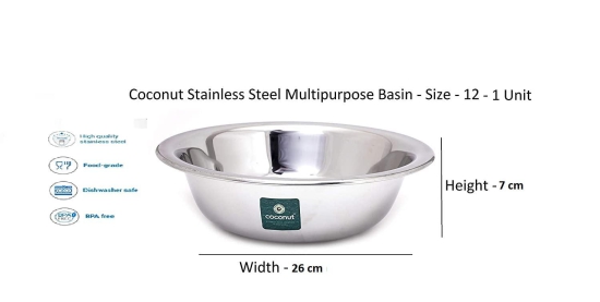 coconut Stainless Steel Basin 22Guage /Multipurpose Bowl -1 Unit - Diameter - 26 Cm