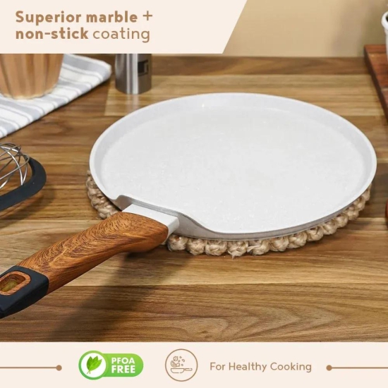 Bergner Naturally Marble Non Stick Tawa | Gas & Induction Compatible | Cream 28 cm