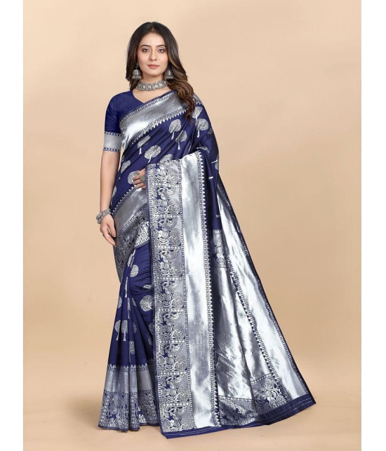 Gazal Fashions - Navy Blue Banarasi Silk Saree With Blouse Piece ( Pack of 1 ) - Navy Blue